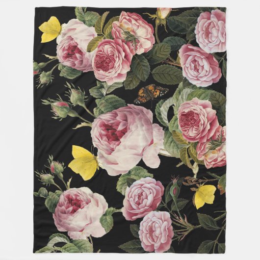 PINK ROSES EN GEEL BUTTERFLIES FLEECE DEKEN (Voorkant)