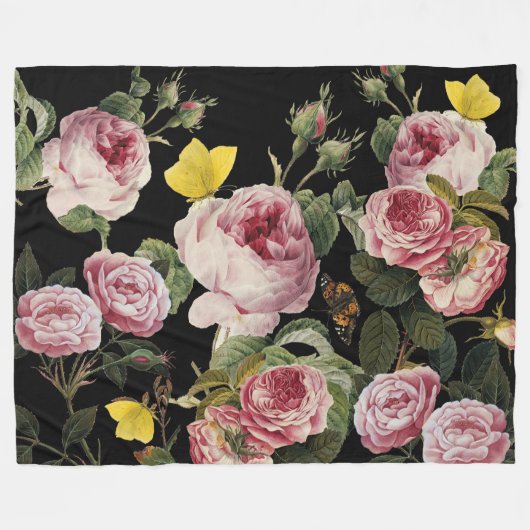 PINK ROSES EN GEEL BUTTERFLIES FLEECE DEKEN (Voorkant (Horizontaal))
