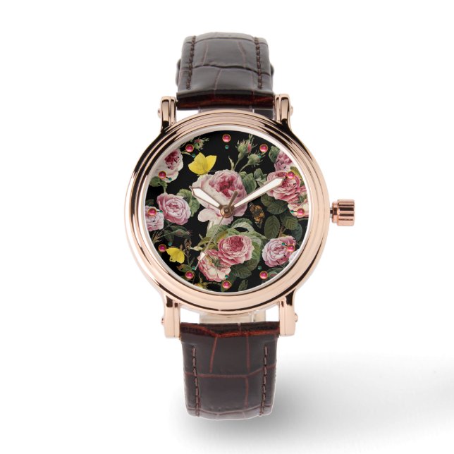 PINK ROSES EN GEEL BUTTERFLIES HORLOGE (Voorkant)