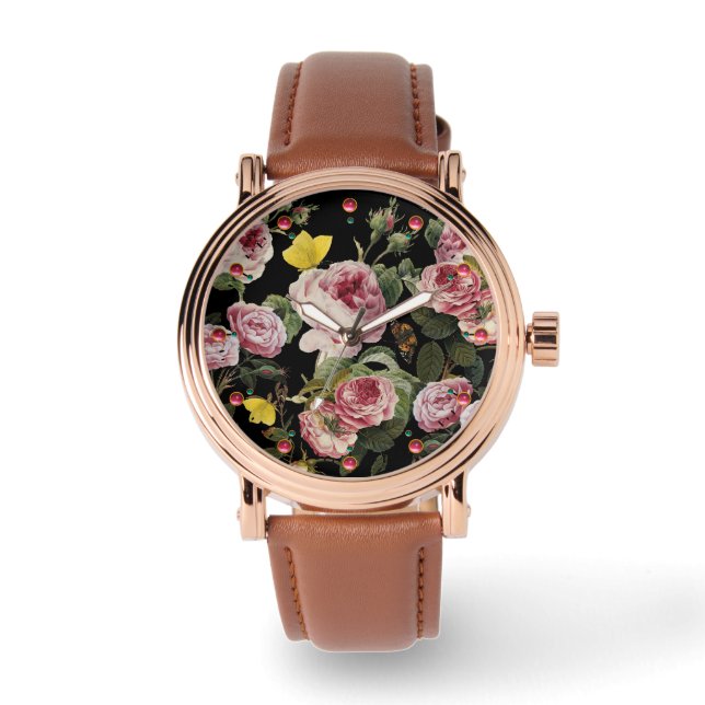 PINK ROSES EN GEEL BUTTERFLIES HORLOGE (Voorkant)