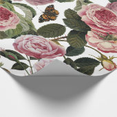 PINK ROSES EN GEEL BUTTERFLIES White Floral Cadeaupapier (Hoek)