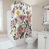 PINK ROSES EN GEEL BUTTERFLIES White Floral Douchegordijn (In situ)