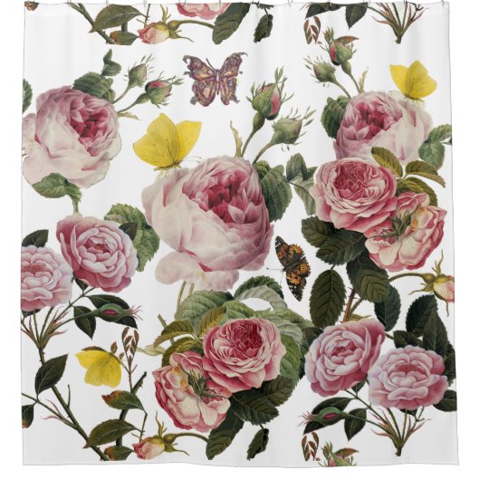 PINK ROSES EN GEEL BUTTERFLIES White Floral Douchegordijn (Voorkant)