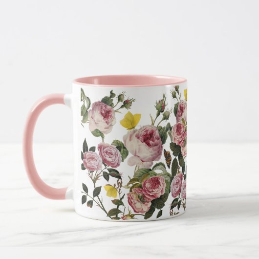 PINK ROSES EN GEEL BUTTERFLIES White Floral Mok (Links)
