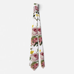 PINK ROSES EN GEEL BUTTERFLIES White Floral Stropdas