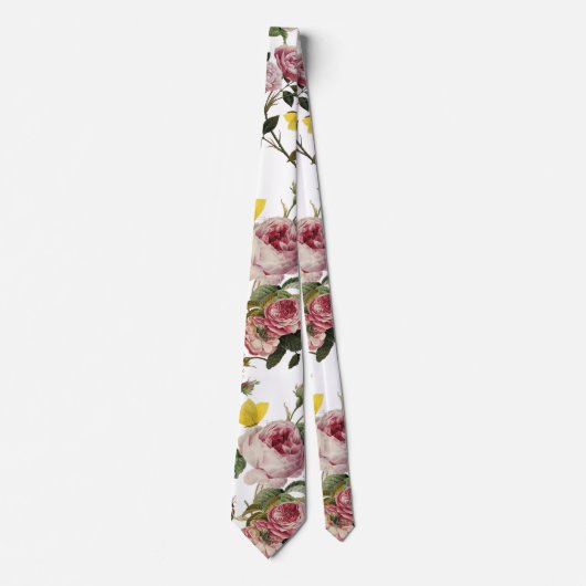 PINK ROSES EN GEEL BUTTERFLIES White Floral Stropdas (Voorkant)