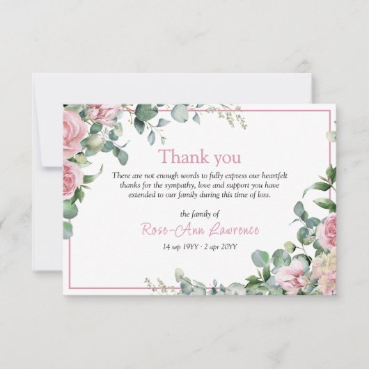 Pink roses eucalyptus leaves floral frame funeral bedankkaart (Voorkant)