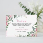 Pink roses eucalyptus leaves floral frame funeral bedankkaart (Staand voorkant)