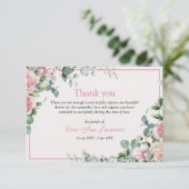 Pink roses eucalyptus leaves floral frame funeral bedankkaart (Staand voorkant)