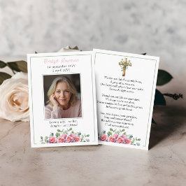 Pink Roses & Eucalyptus Memorial Photo Prayer Card Visitekaartje