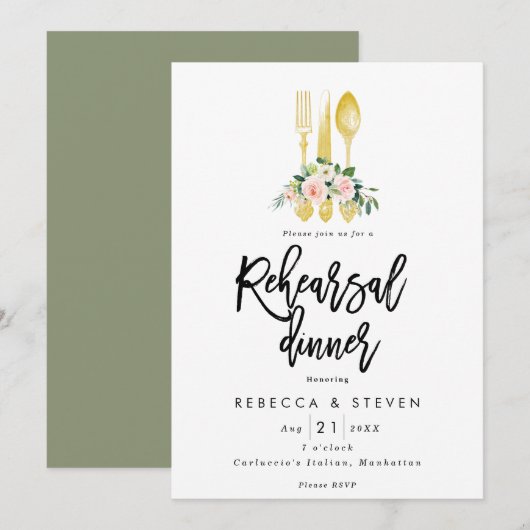 Pink Roses Faux Gold repetitie Diner Uitnodiging (Voorkant / Achterkant)