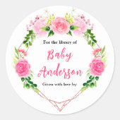 Pink Roses Floral Baby Shower Bookplate Ronde Sticker (Voorkant)