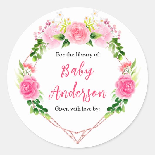 Pink Roses Floral Baby Shower Bookplate Ronde Sticker (Voorkant)
