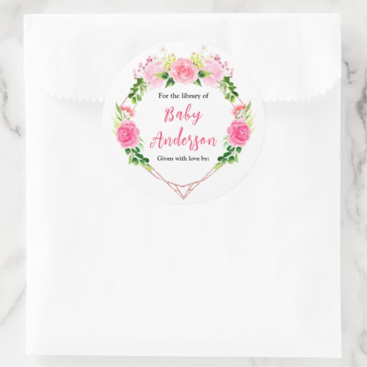 Pink Roses Floral Baby Shower Bookplate Ronde Sticker (Tas)
