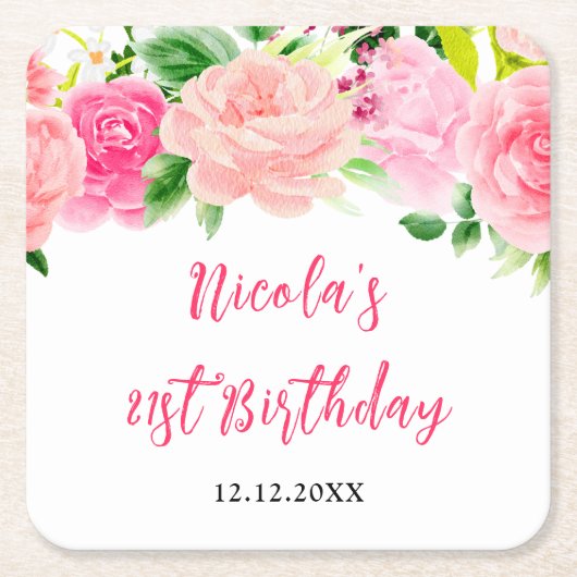 Pink Roses Floral Birthday Kartonnen Onderzetters (Voorkant)