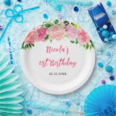 Pink Roses Floral Birthday Papieren Bordje (Feest)