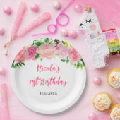 Pink Roses Floral Birthday Papieren Bordje (Feest)