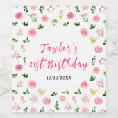 Pink Roses Floral Birthday Wijn Etiket (Enkel label)