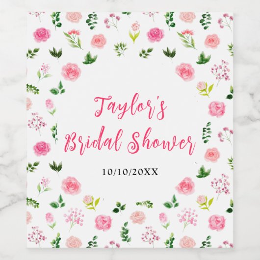Pink Roses Floral Bridal Shower Wijn Etiket (Enkel label)