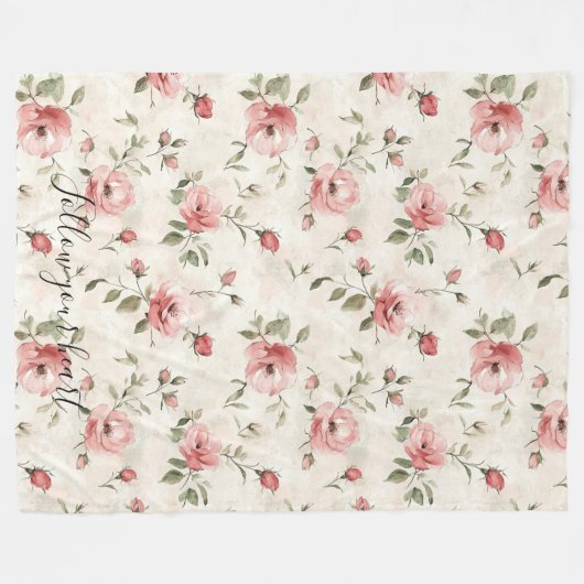 Pink Roses Floral  Fleece Deken (Voorkant (Horizontaal))