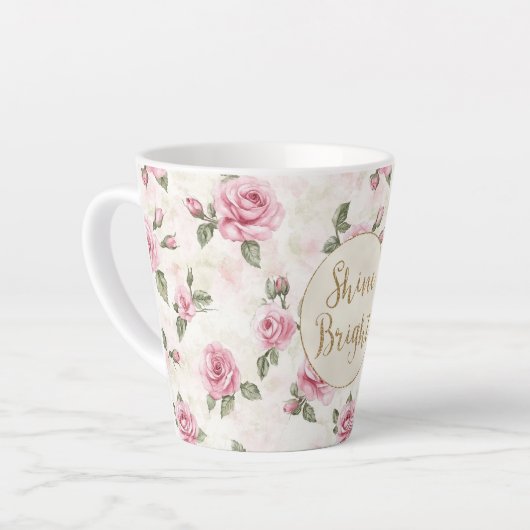 Pink Roses Floral Gold Glitter Shine Bright Latte Mok (Linkerhoek)