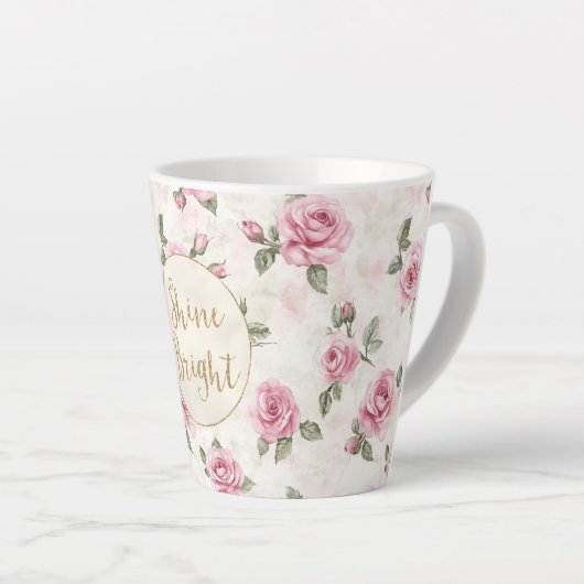 Pink Roses Floral Gold Glitter Shine Bright Latte Mok (Rechterhoek)