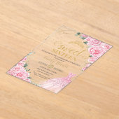 Pink Roses Floral Gold Princess Dress Sweet 16 Acryl Uitnodigingen (Laagn)