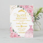 Pink Roses Floral Gold Princess Dress Sweet 16  Folie Uitnodiging (Staand Voorkant)