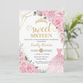 Pink Roses Floral Gold Princess Dress Sweet 16 Kaart (Staand voorkant)