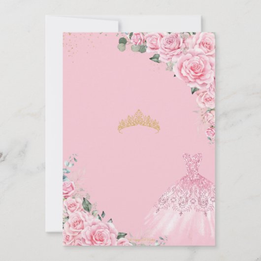Pink Roses Floral Gold Princess Dress Sweet 16 Kaart (Achterkant)