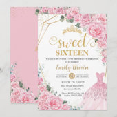 Pink Roses Floral Gold Princess Dress Sweet 16 Kaart (Voorkant / Achterkant)