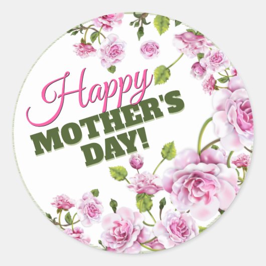 Pink Roses Floral | Happy Mother's Day Ronde Sticker (Voorkant)