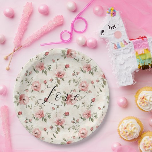 Pink Roses Floral Love Bridal Shower Papieren Bordje (Feest)