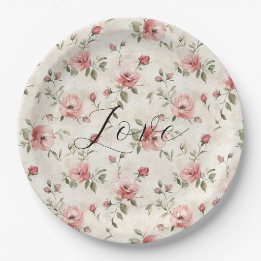 Pink Roses Floral Love Bridal Shower Papieren Bordje (Voorkant)