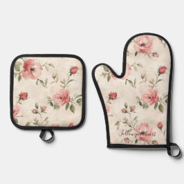 Pink Roses Floral Ovenwant & Pannenlap Set