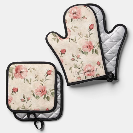 Pink Roses Floral  Ovenwant & Pannenlap Set (Voorkant / Achterkant)