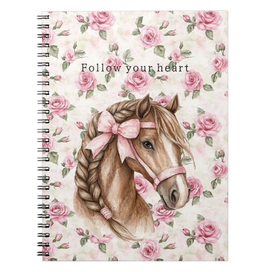 Pink Roses Floral Pretty Horse Pink Bow Notitieboek (Voorkant)