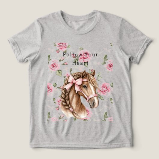 Pink Roses Floral Pretty Horse Pink Bow Tri-Blend Shirt (Design voorkant)