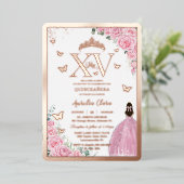 Pink Roses Floral Quinceanera Mis XV Rose Gold Folie Uitnodiging (Staand Voorkant)