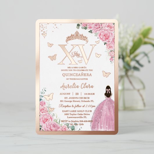 Pink Roses Floral Quinceanera Mis XV Rose Gold Folie Uitnodiging (Staand Voorkant)
