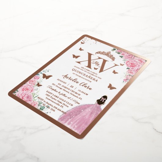 Pink Roses Floral Quinceanera Mis XV Rose Gold Folie Uitnodiging (Gedraaid)