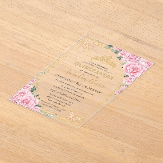 Pink Roses Floral Quinceanera Sweet 16 Butterflies Acryl Uitnodigingen (Laagn)