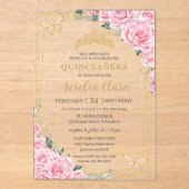 Pink Roses Floral Quinceanera Sweet 16 Butterflies Acryl Uitnodigingen (Voorkant)