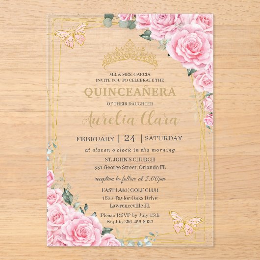 Pink Roses Floral Quinceanera Sweet 16 Butterflies Acryl Uitnodigingen (Voorkant)