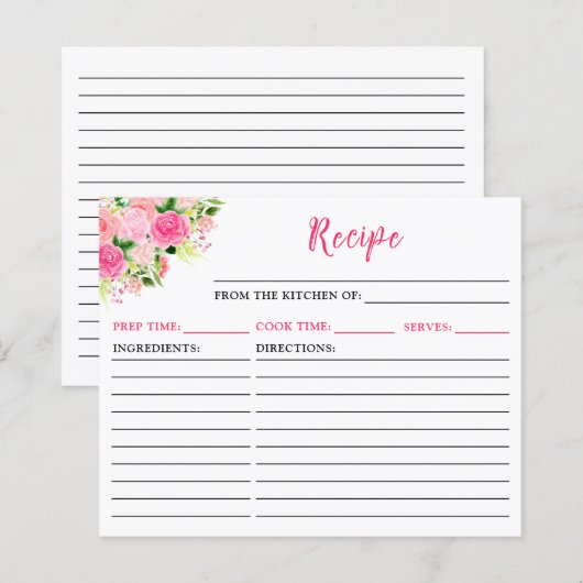 Pink Roses Floral Recipe Card (Voorkant / Achterkant)