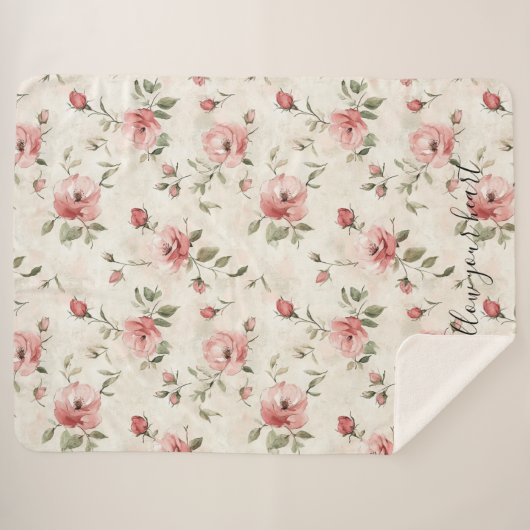 Pink Roses Floral Sherpa Deken (Voorkant (horizontaal))