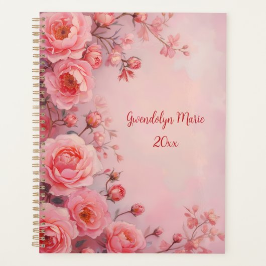 Pink Roses Floral Spiral-Bound Planner Botanical (Voorkant)