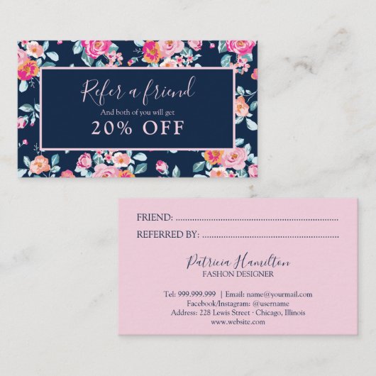 Pink Roses Floral Verwijs een vriend Verwijzing Ka Visitekaartje (Voorkant / Achterkant)