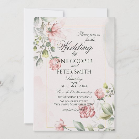 Pink Roses floral Wedding Invitation Kaart (Voorkant)