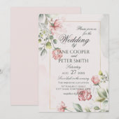 Pink Roses floral Wedding Invitation Kaart (Voorkant / Achterkant)